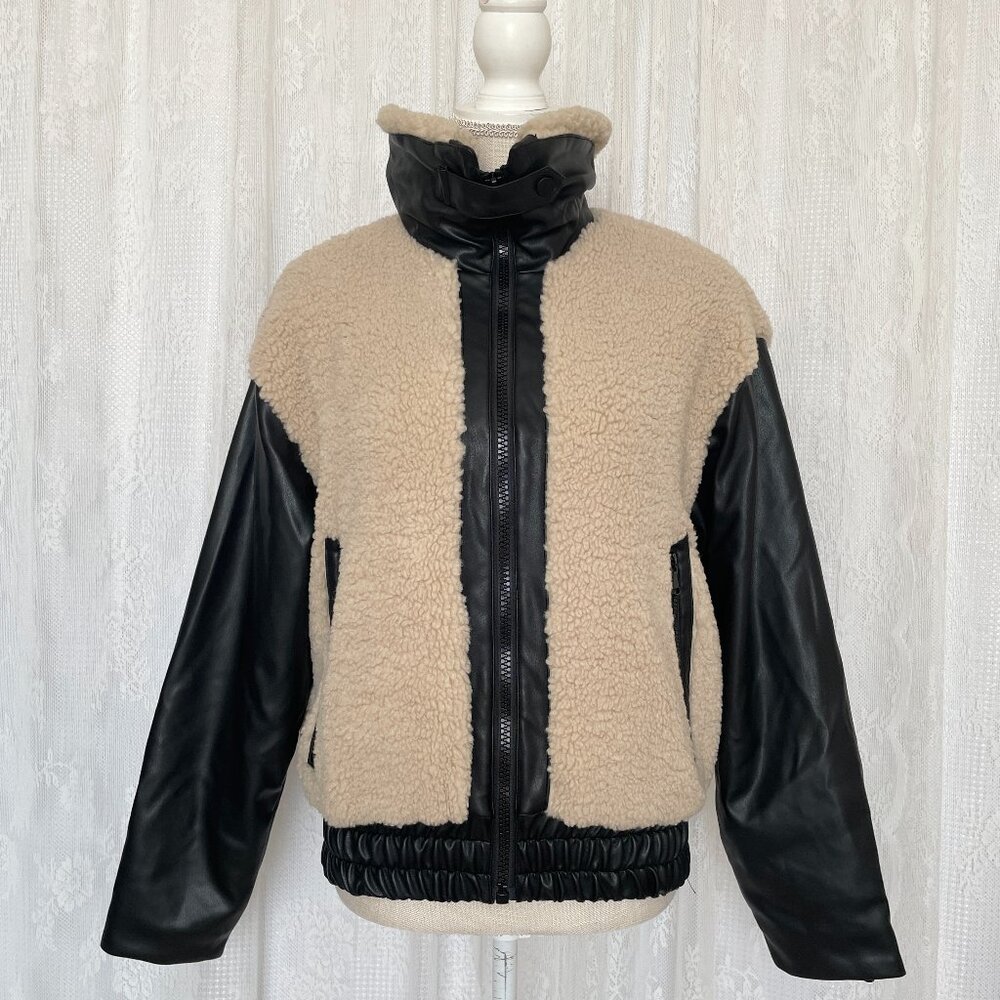 Rachel Parcell Women's Bomber Jacket XS Black Cream Faux Leather Shearling